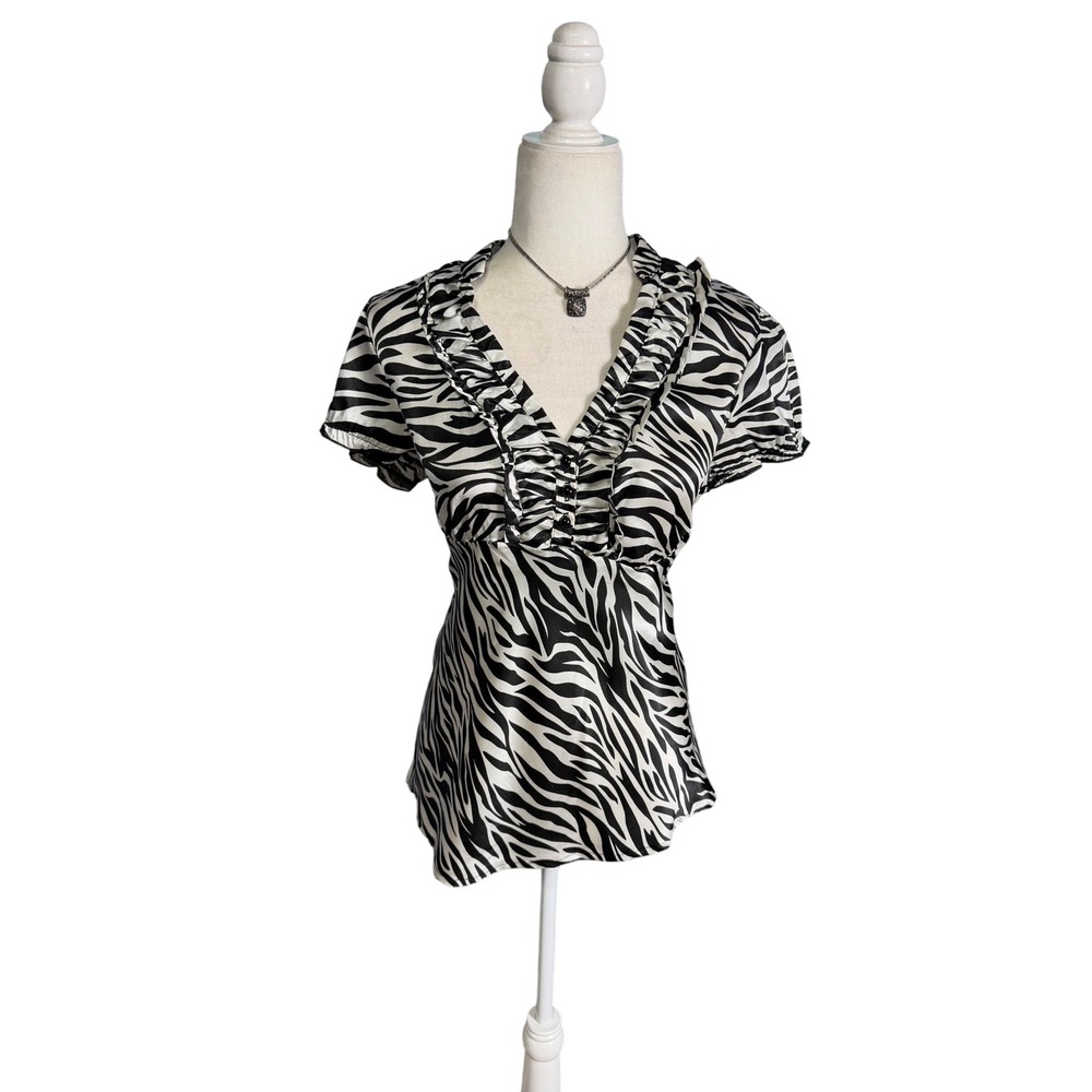 Y2K‎ Zebra Print Satin Ruffle Blouse Fairy Grunge Animal Print Babydoll Top